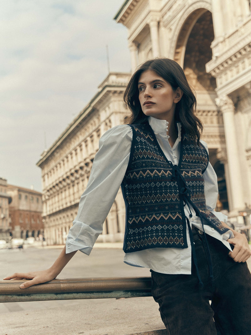 Gilet unique en maille jacquard avec nœuds bleu marine