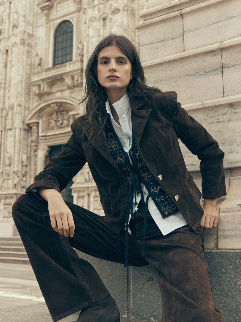 Unique cropped brown flocked blazer