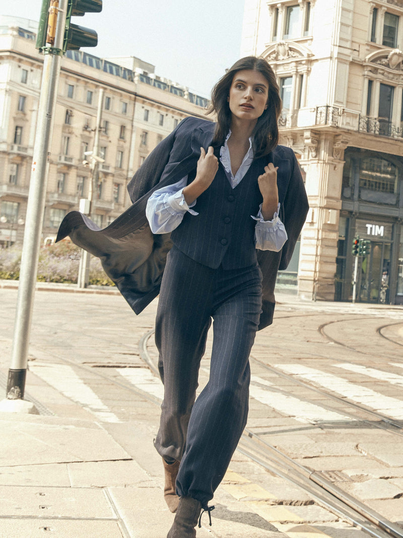 Unique baggy trousers with navy blue pinstripes