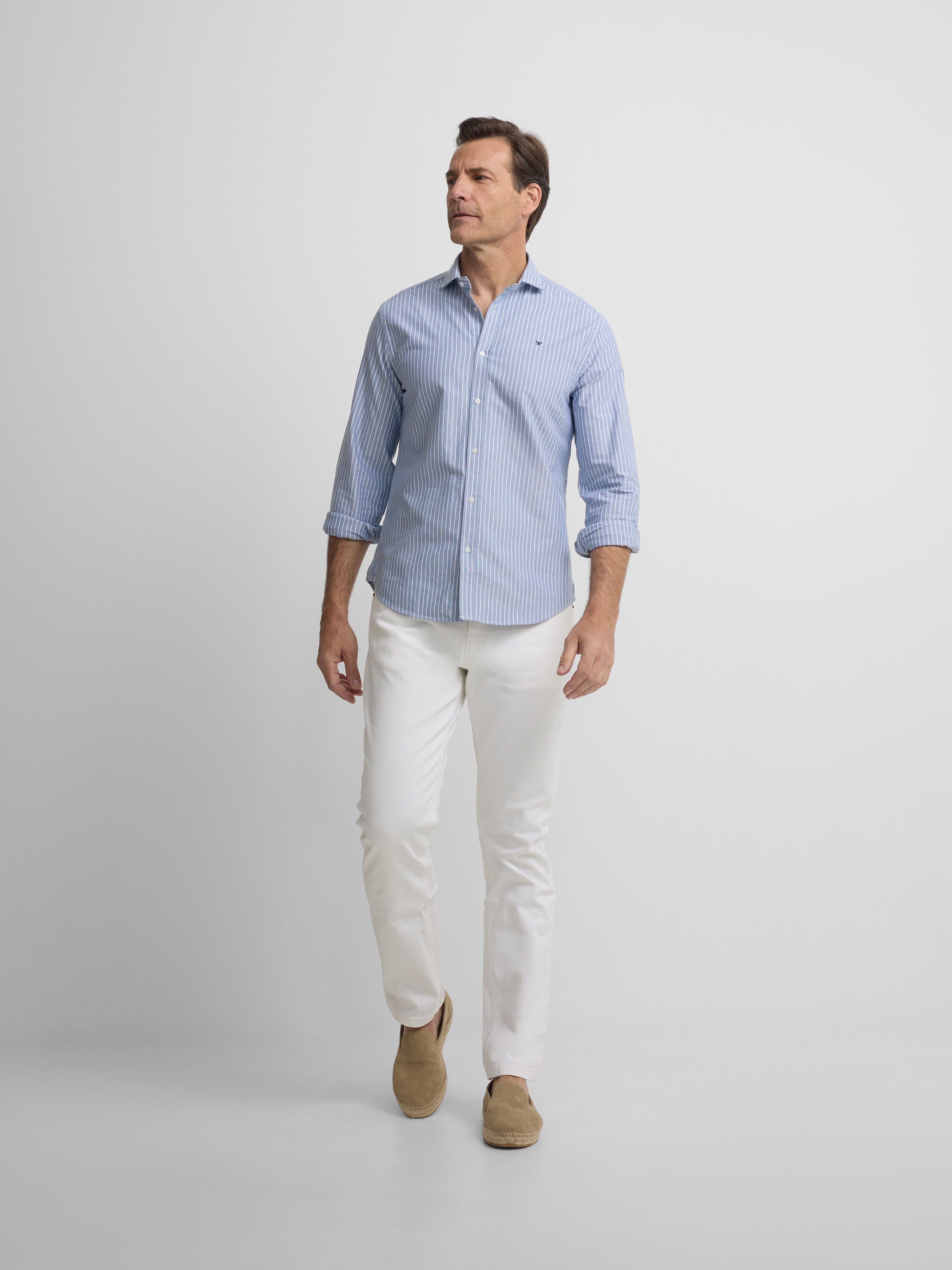 Navy Oxford sport shirt with fine white stripe