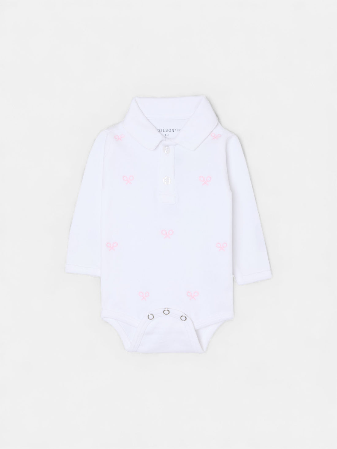 Long-sleeved baby bodysuit with pink multi-racket