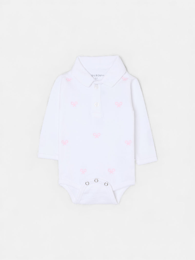 Long-sleeved baby bodysuit with pink multi-racket