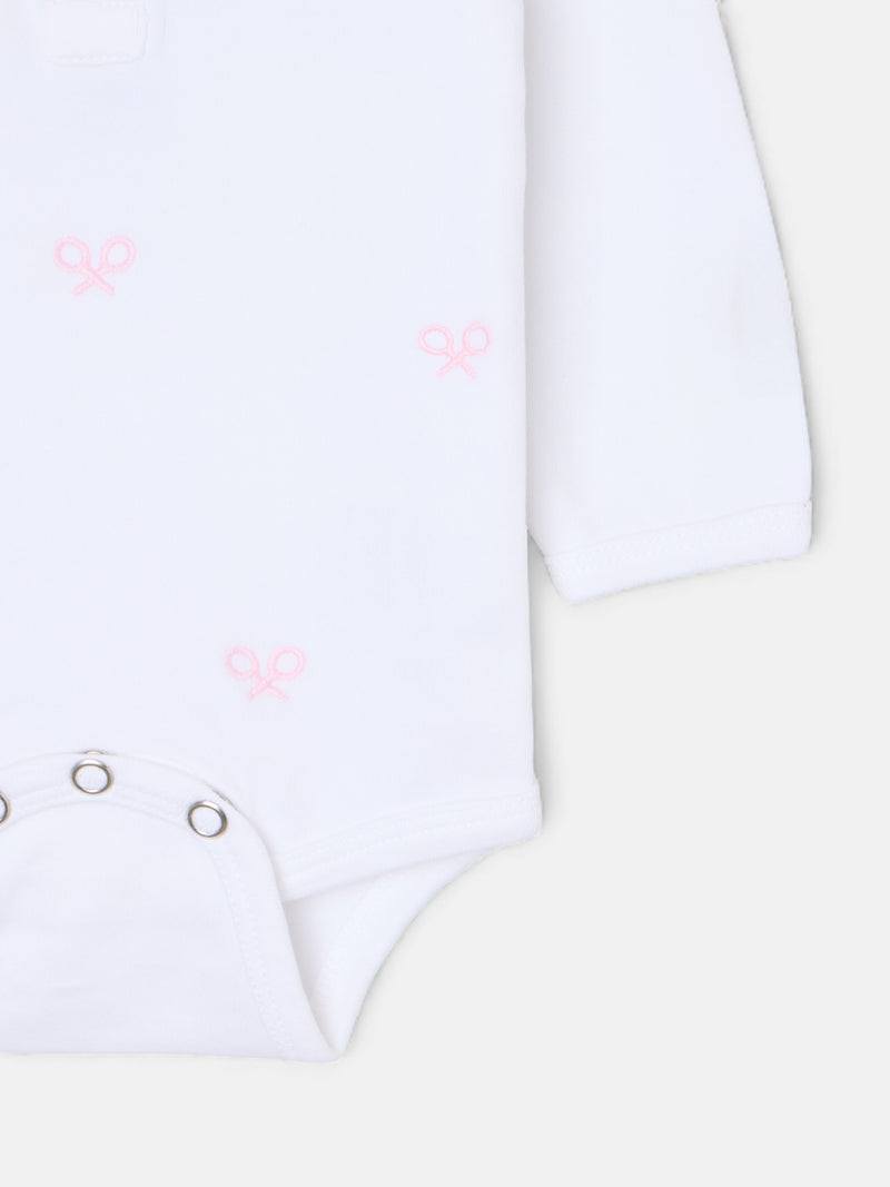 Long-sleeved baby bodysuit with pink multi-racket