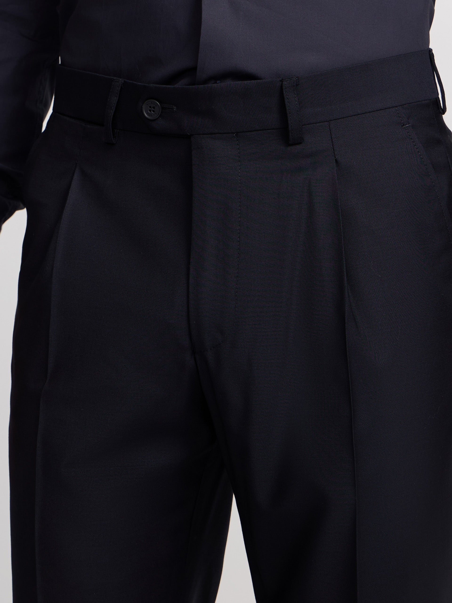 Stretch navy double-breasted suit trousers