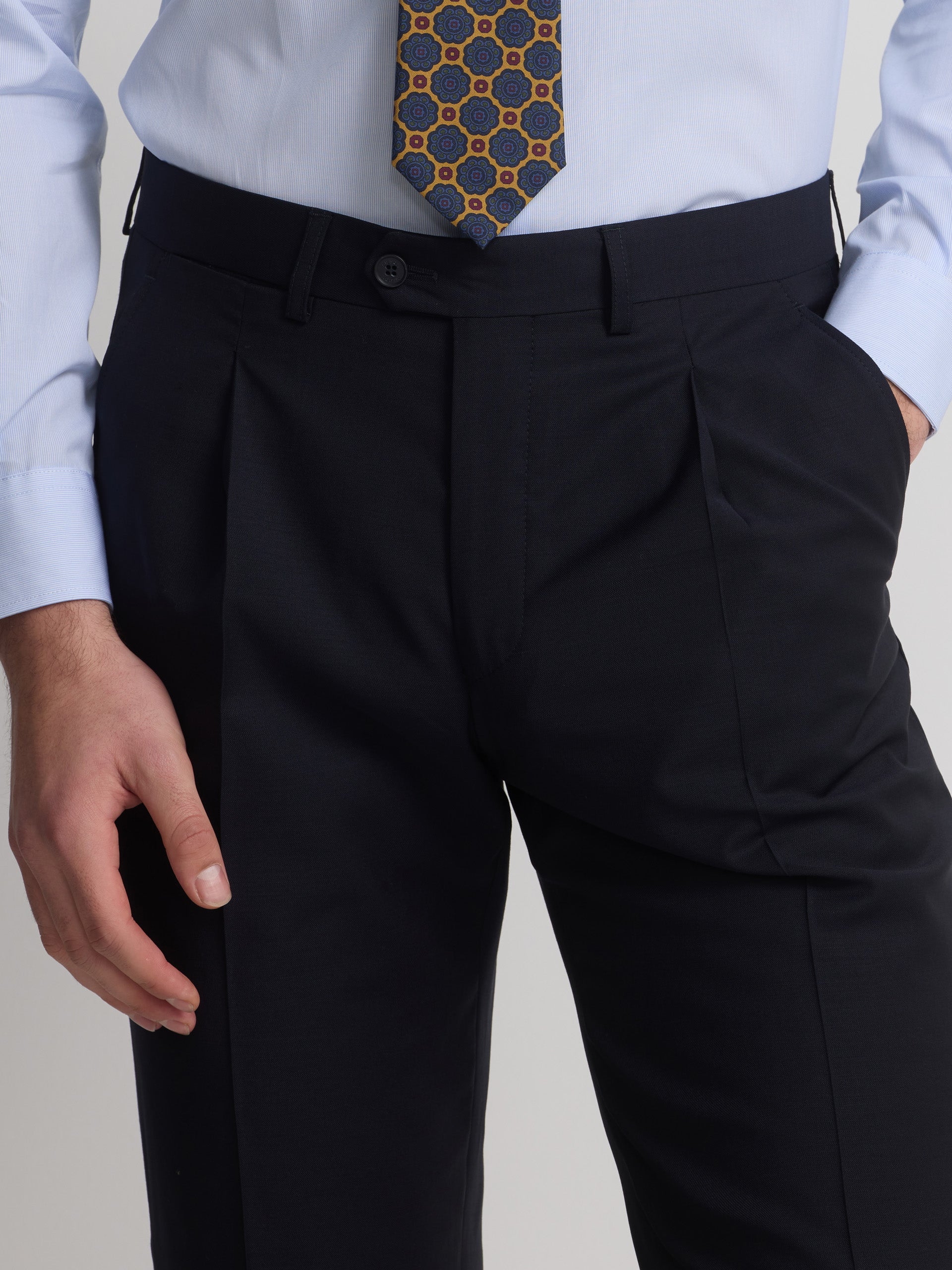 Stretch navy double-breasted suit trousers