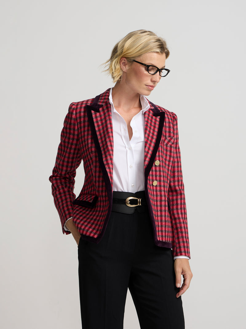 Double-breasted blazer with velvet trim, pink gingham check