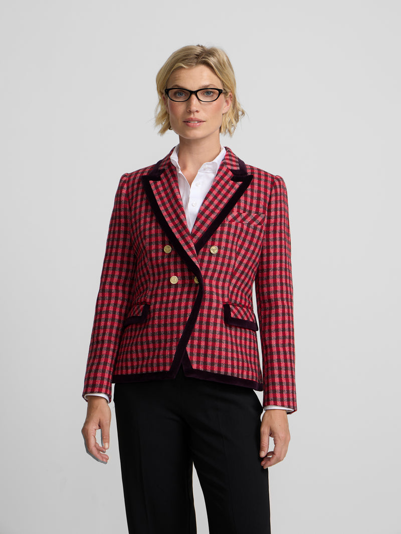 Double-breasted blazer with velvet trim, pink gingham check