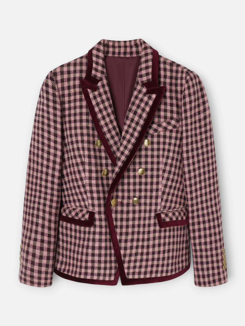 Blazer cruzado com debrum em veludo xadrez vichy rosa claro