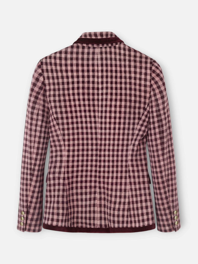 Blazer cruzado com debrum em veludo xadrez vichy rosa claro