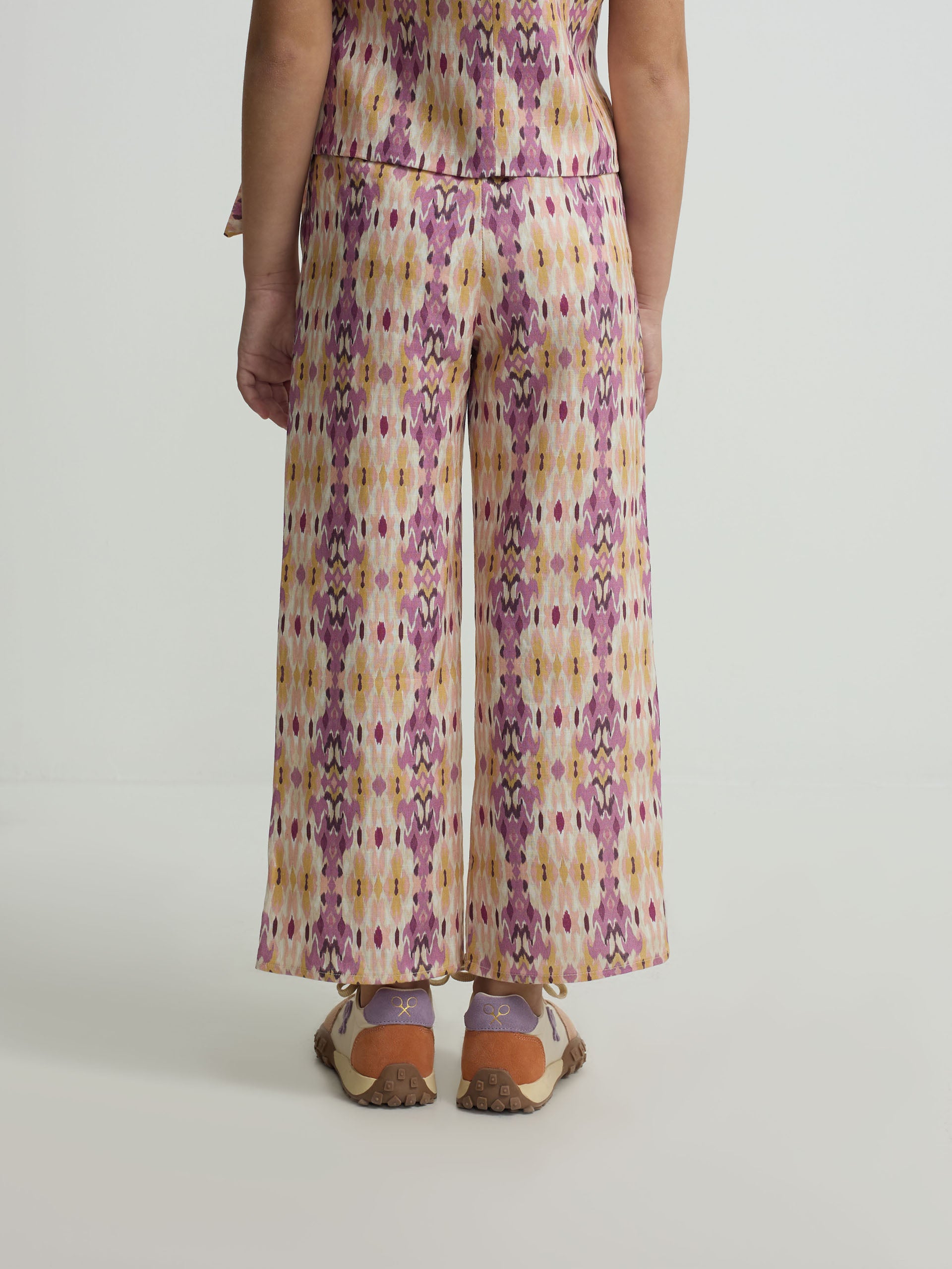 Pantalon girl lino estampado ikat rosas