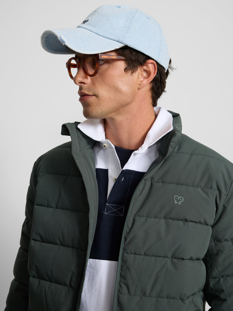 Green quilted technical coat