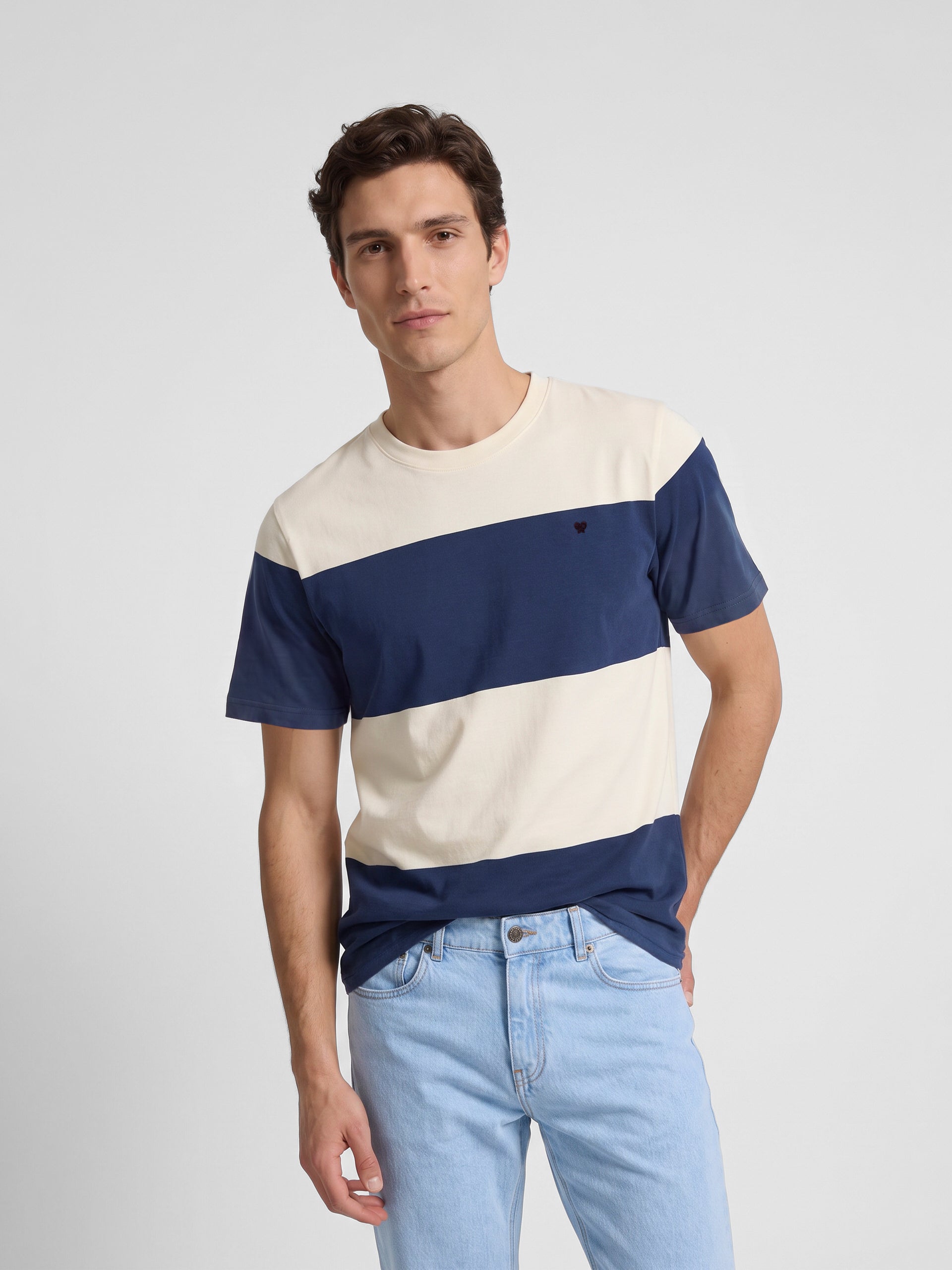 Camisola de risca larga azul-marinho