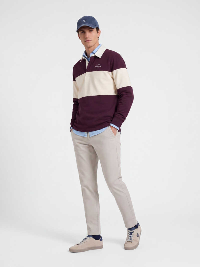 Sudadera relaxed fit cuello polo bloque burdeos