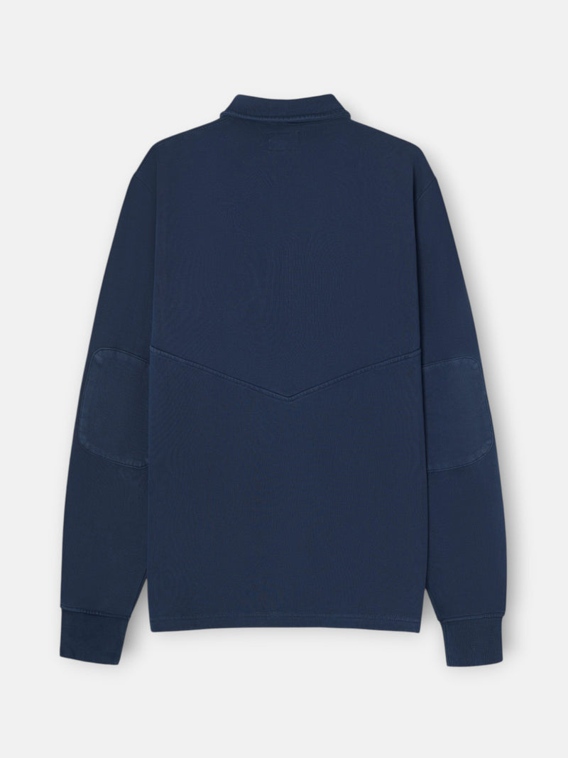 Worn navy blue polo neck sweatshirt