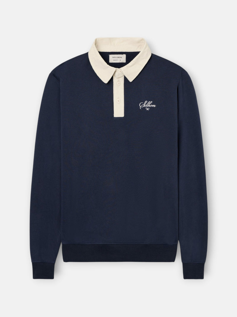 Navy blue sweatshirt with contrasting corduroy polo collar