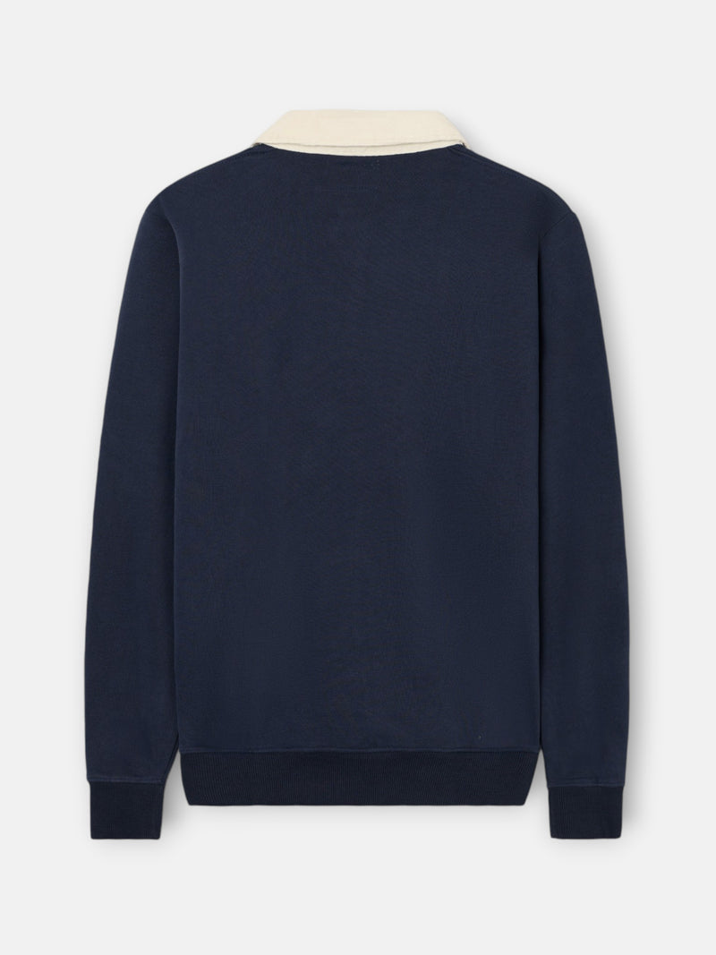 Navy blue sweatshirt with contrasting corduroy polo collar