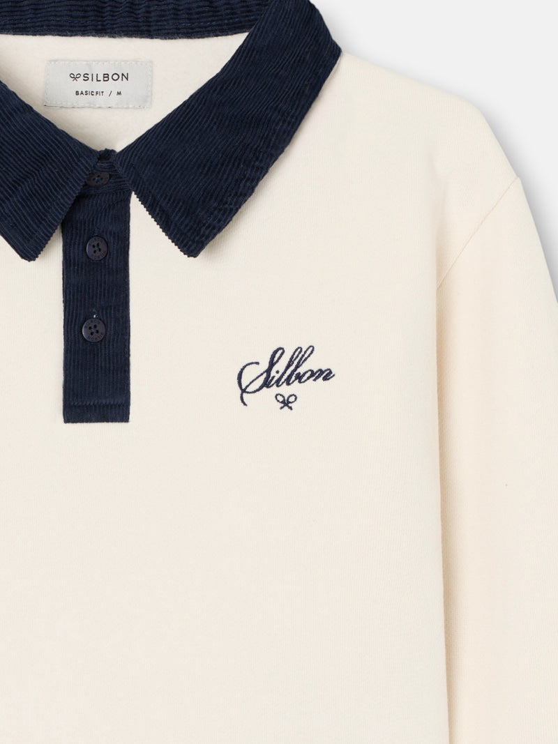 Cream sweatshirt with contrasting corduroy polo collar