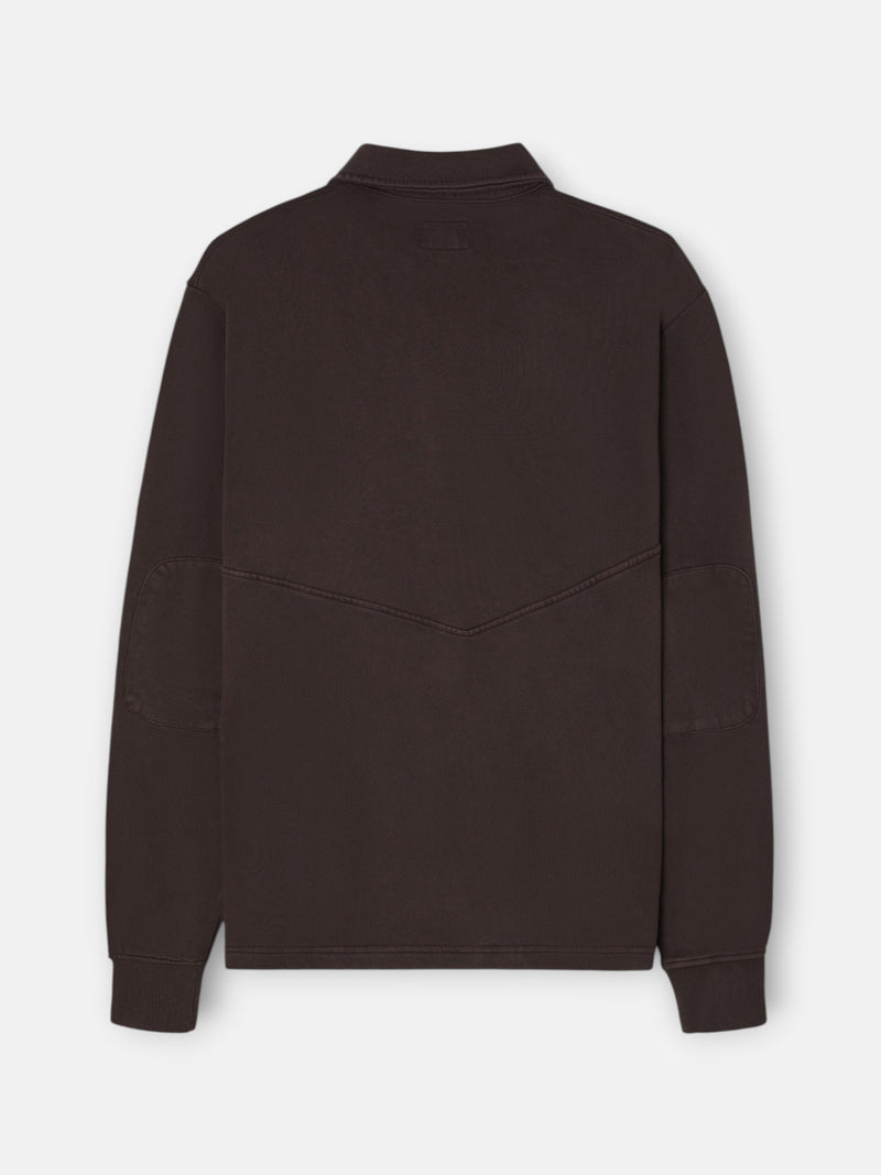 Worn brown polo neck sweatshirt