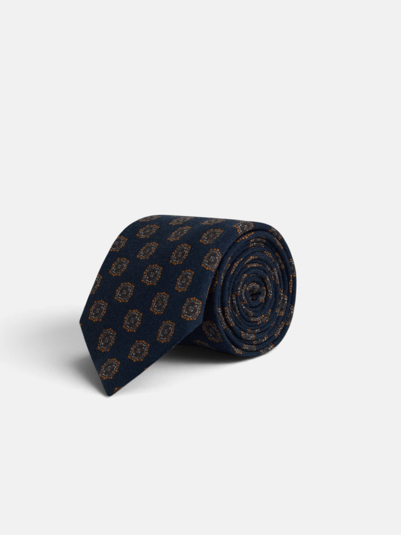 Gravata estampada com medalhão azul-marinho