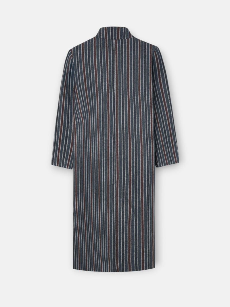 Manteau long à col cheminée rayé bleu