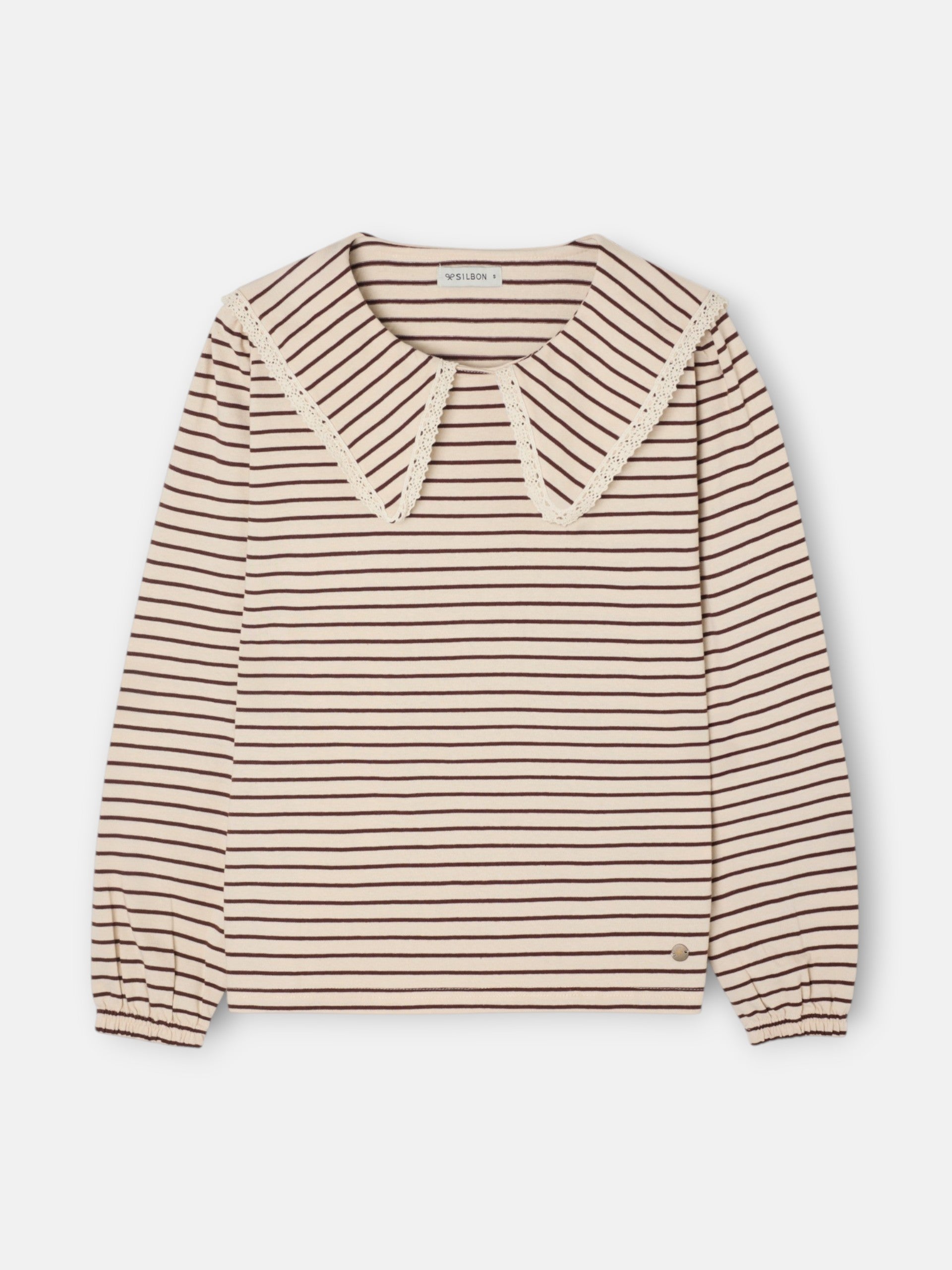 Camisola de manga comprida com gola bobo às riscas camel