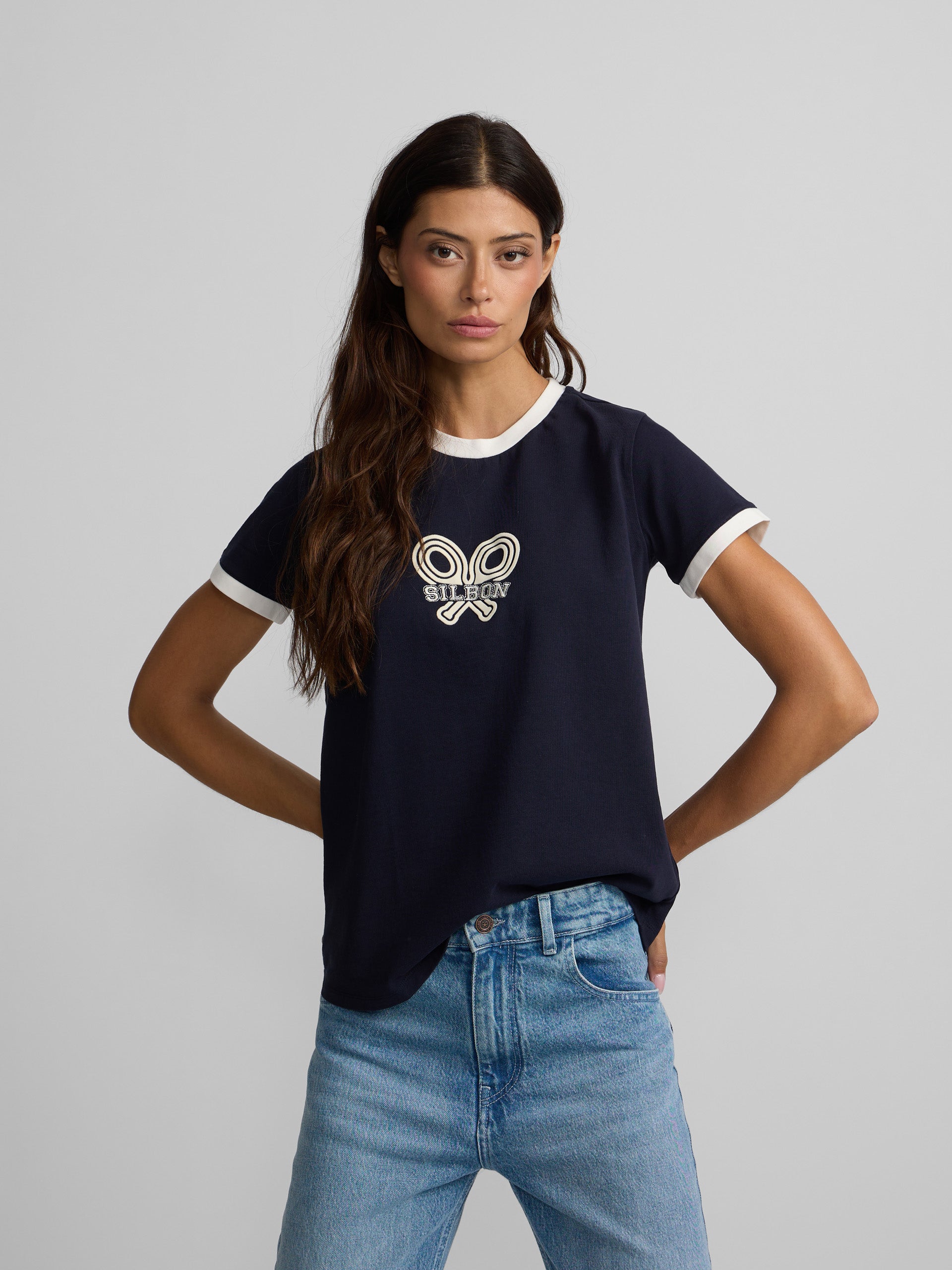 Camiseta woman silbon raqueta contraste azul