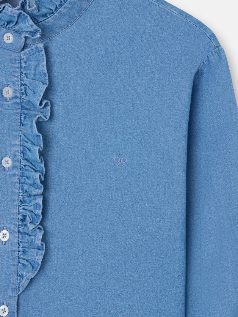 Denim shirt with ruffle collar and cuff detail