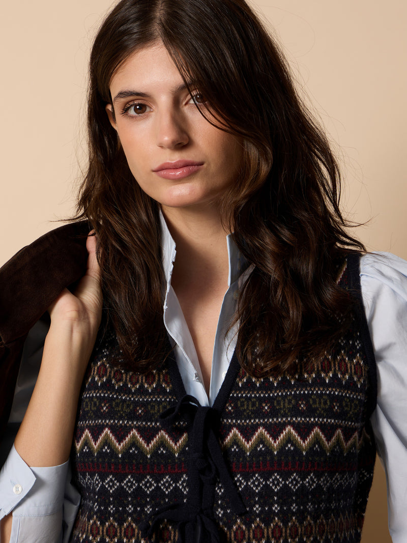 Gilet unique en maille jacquard avec nœuds bleu marine