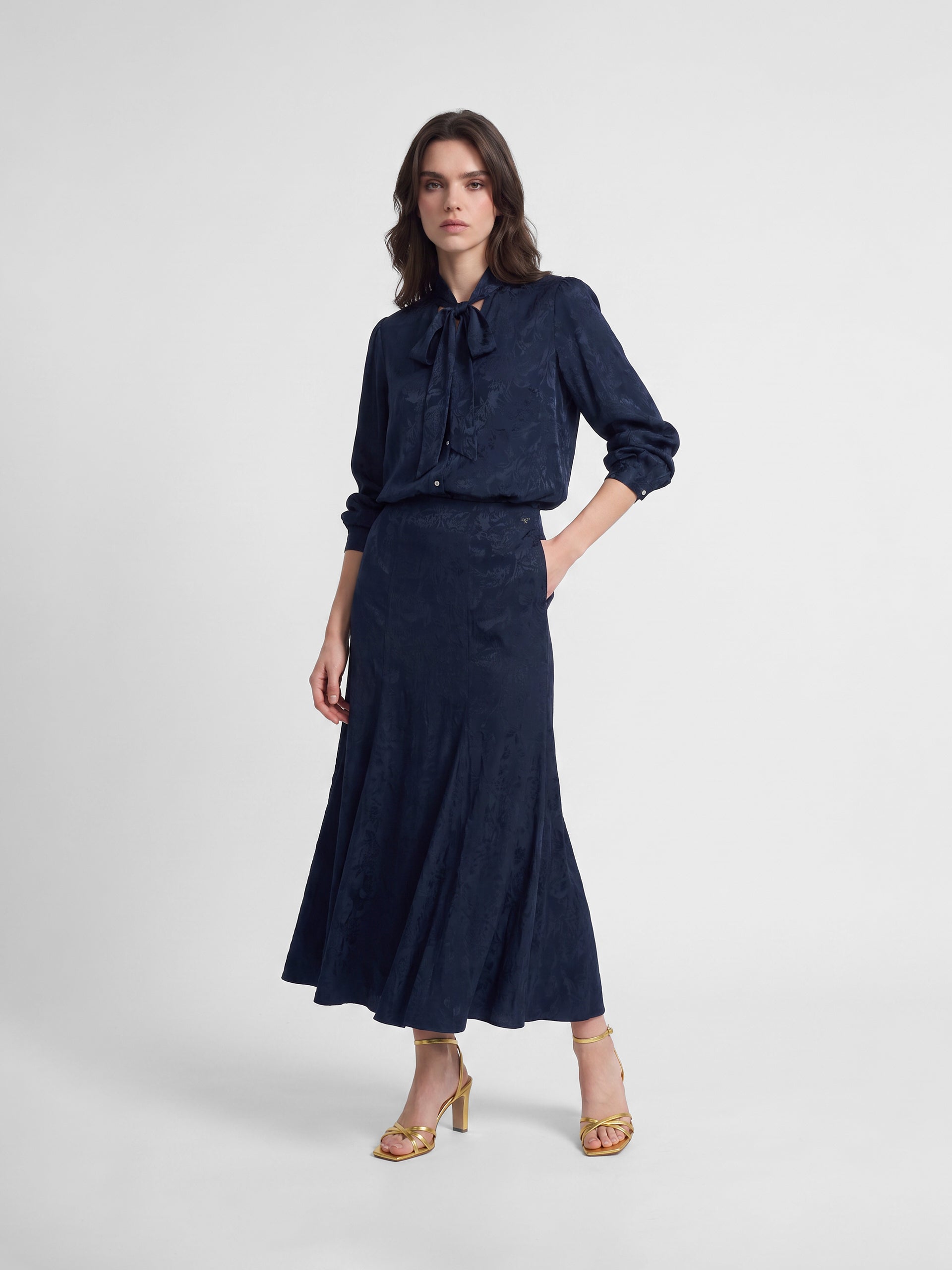 Falda midi evase jacquard azul marino