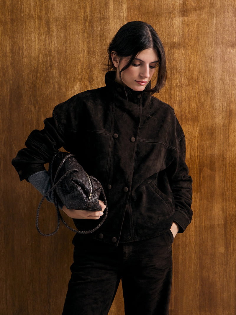 Blouson aviateur en cuir suédé marron