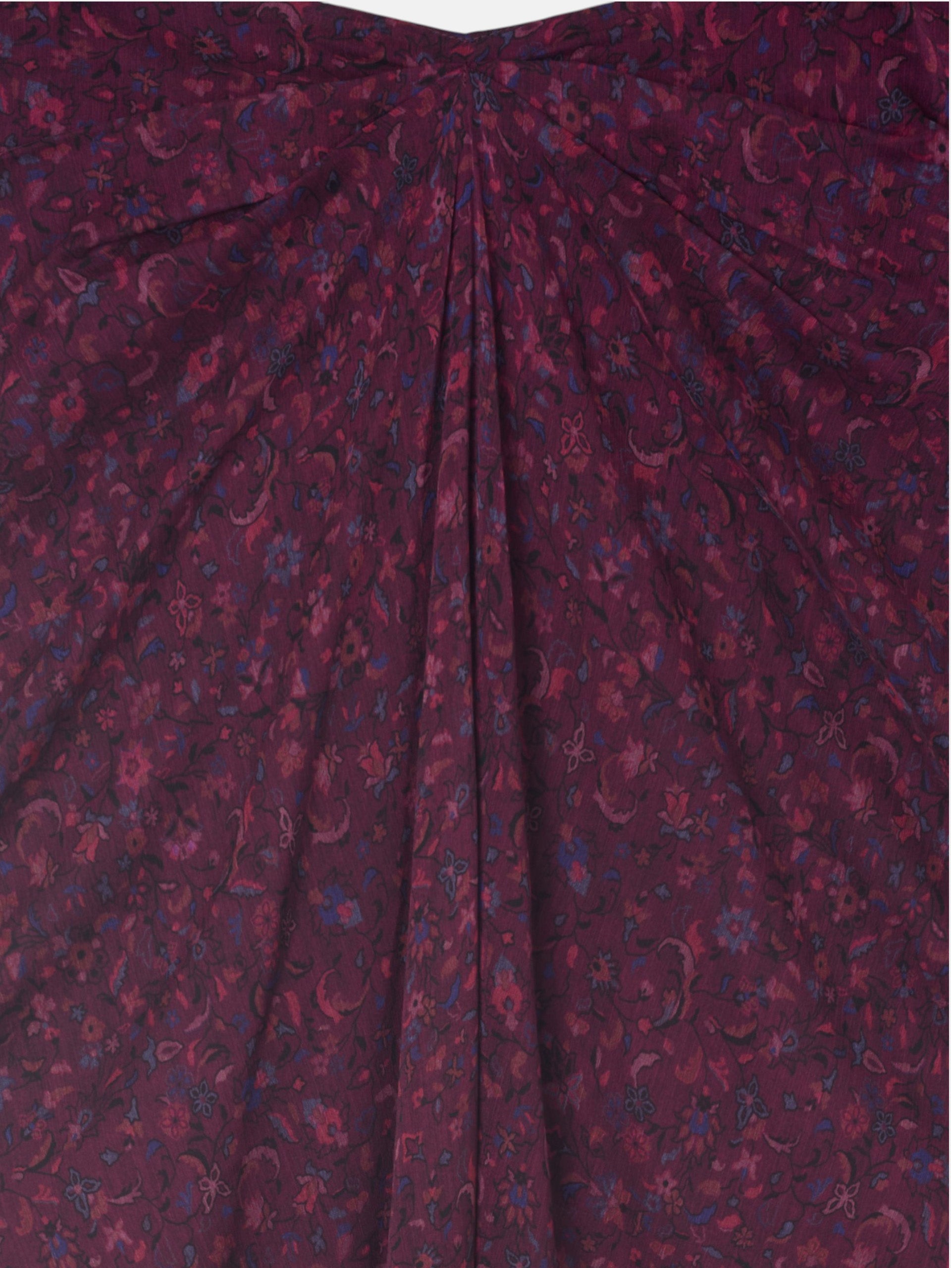 Saia midi com drapeado central flores grená