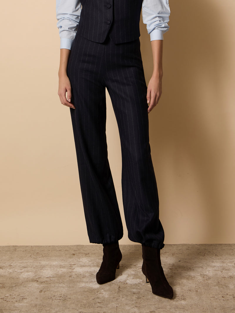 Unique baggy trousers with navy blue pinstripes