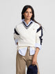Women's varsity V-neck sweatshirt in off-white
