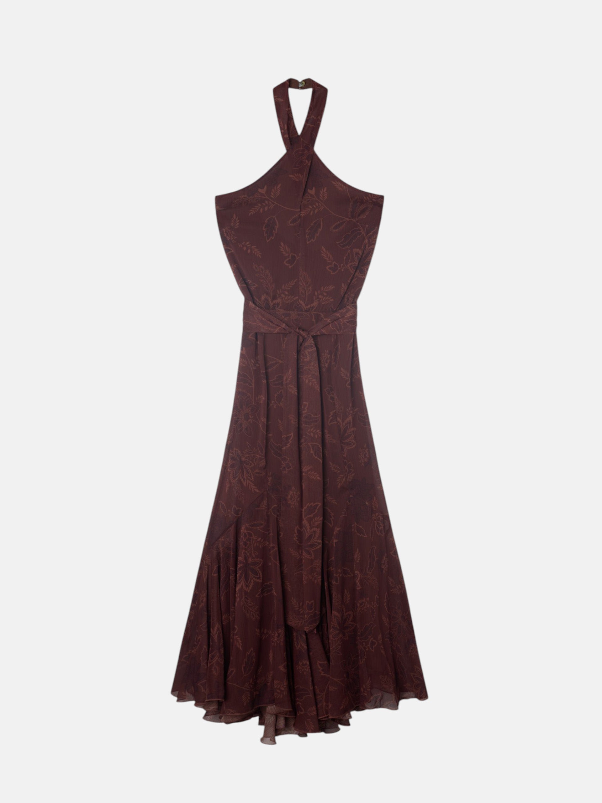 Vestido cuello halter estampado marron