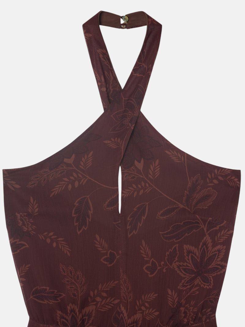 Robe à col halter imprimée marron