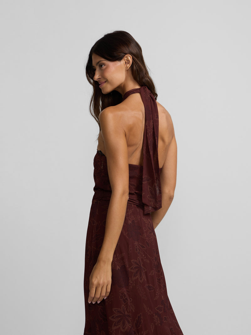 Robe à col halter imprimée marron