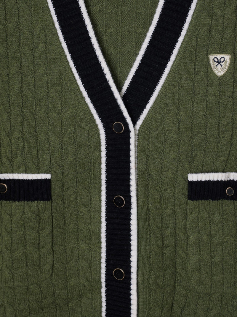 Green college crest cardigan