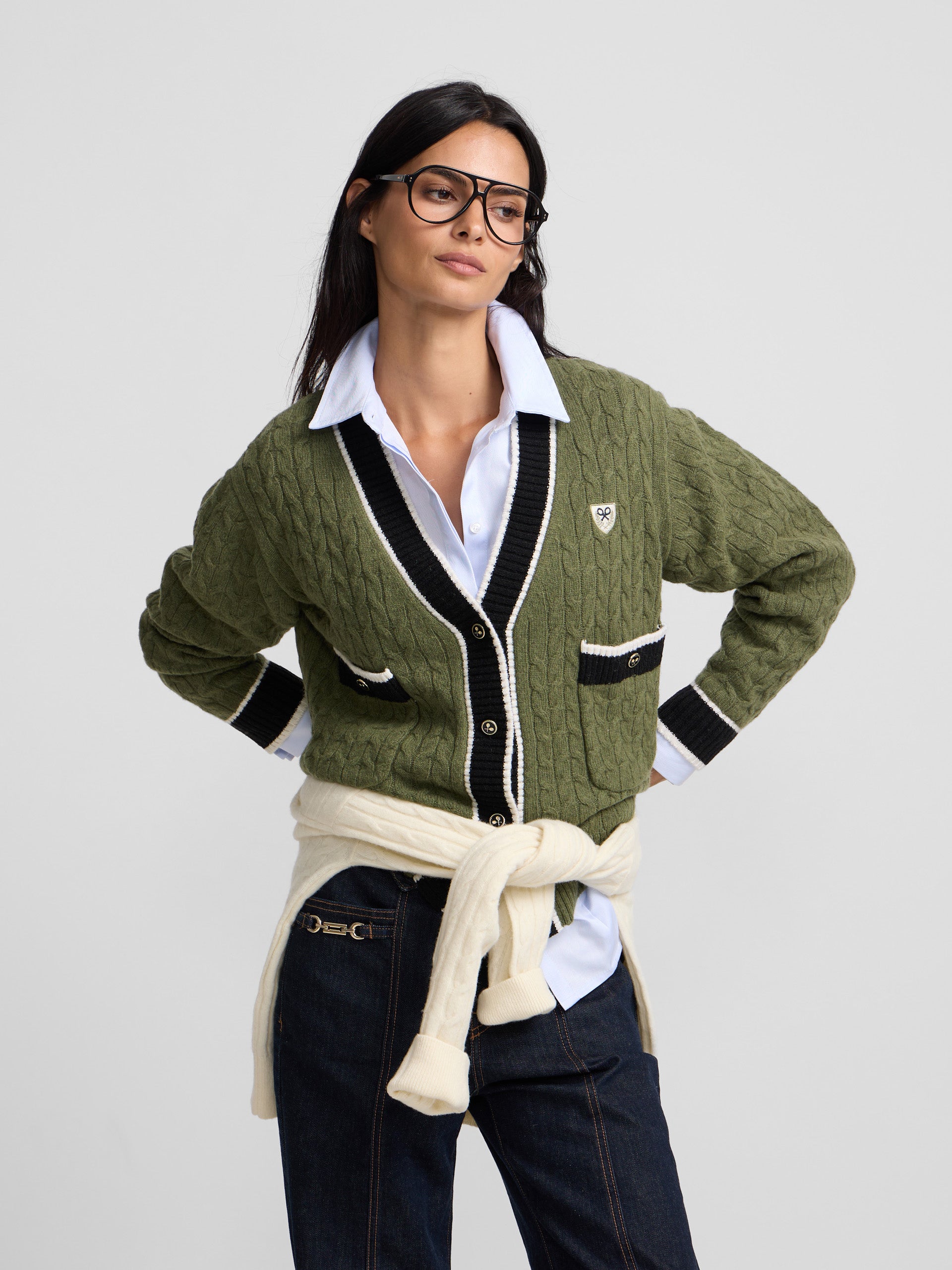 Green college crest cardigan