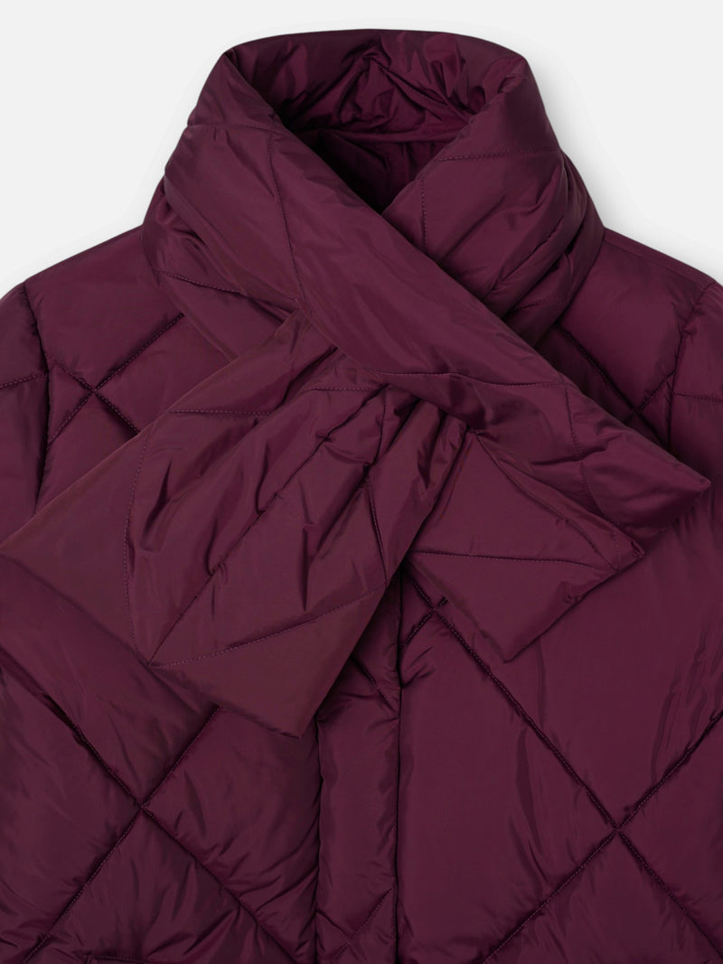 Long padded parka with burgundy scarf