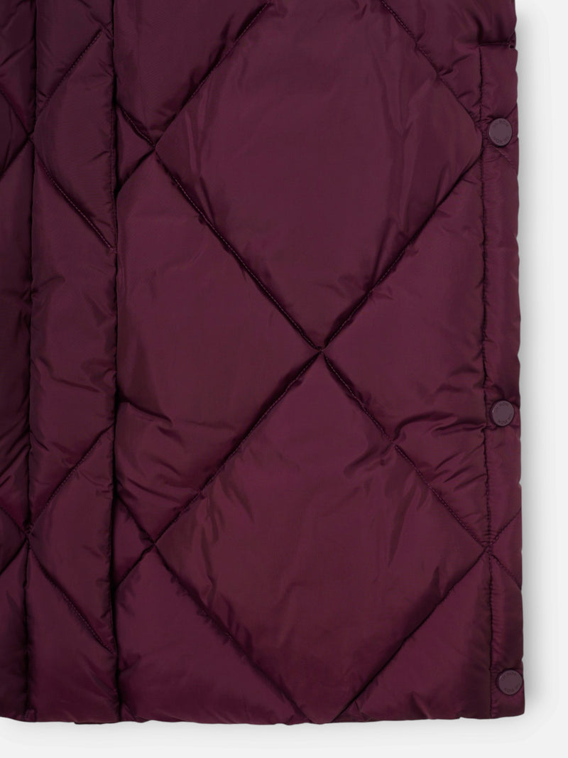 Long padded parka with burgundy scarf