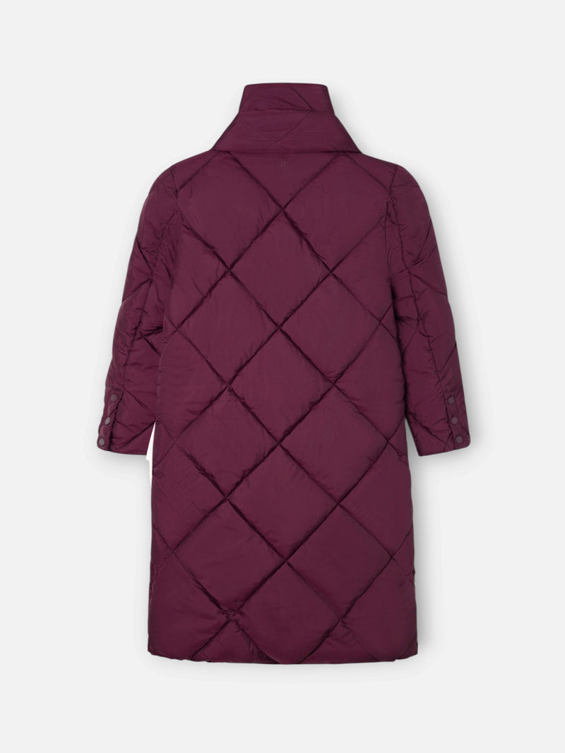 Long padded parka with burgundy scarf