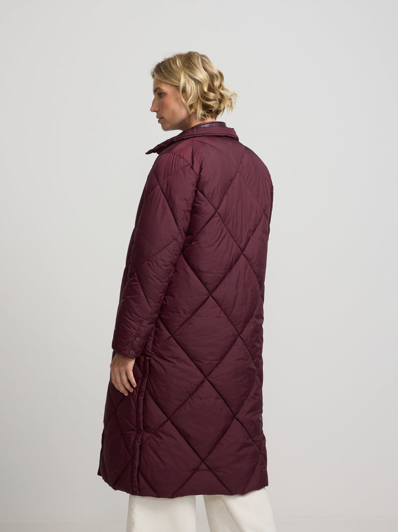 Long padded parka with burgundy scarf