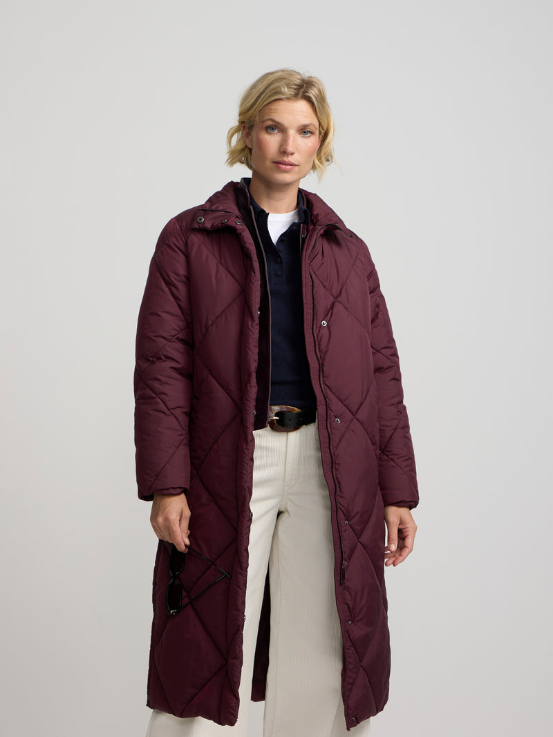 Long padded parka with burgundy scarf