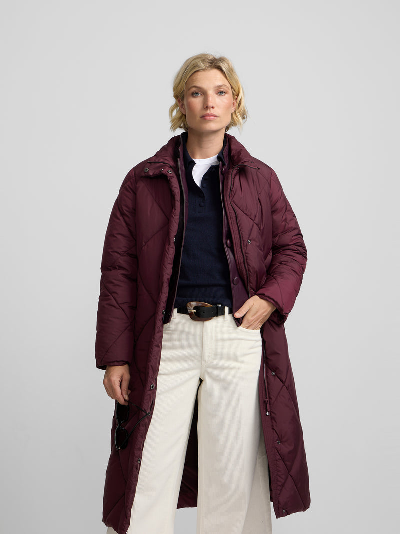 Long padded parka with burgundy scarf