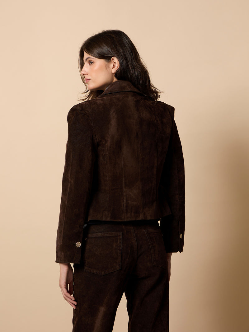 Unique cropped brown flocked blazer
