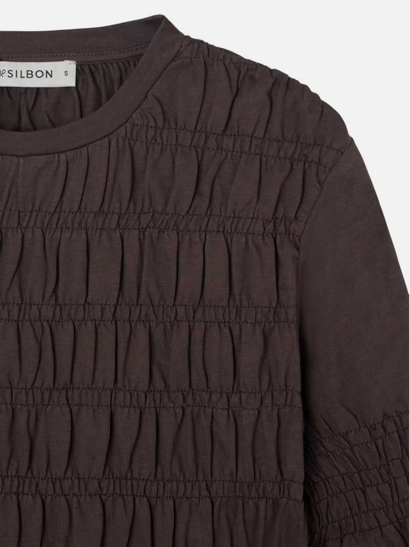 T-shirt femme manches longues en maille smock marron