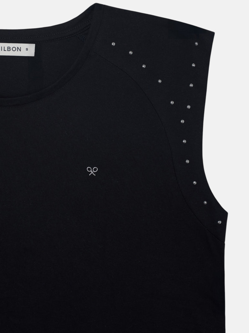 Women's t-shirt with shoulder pads and studded detail in black