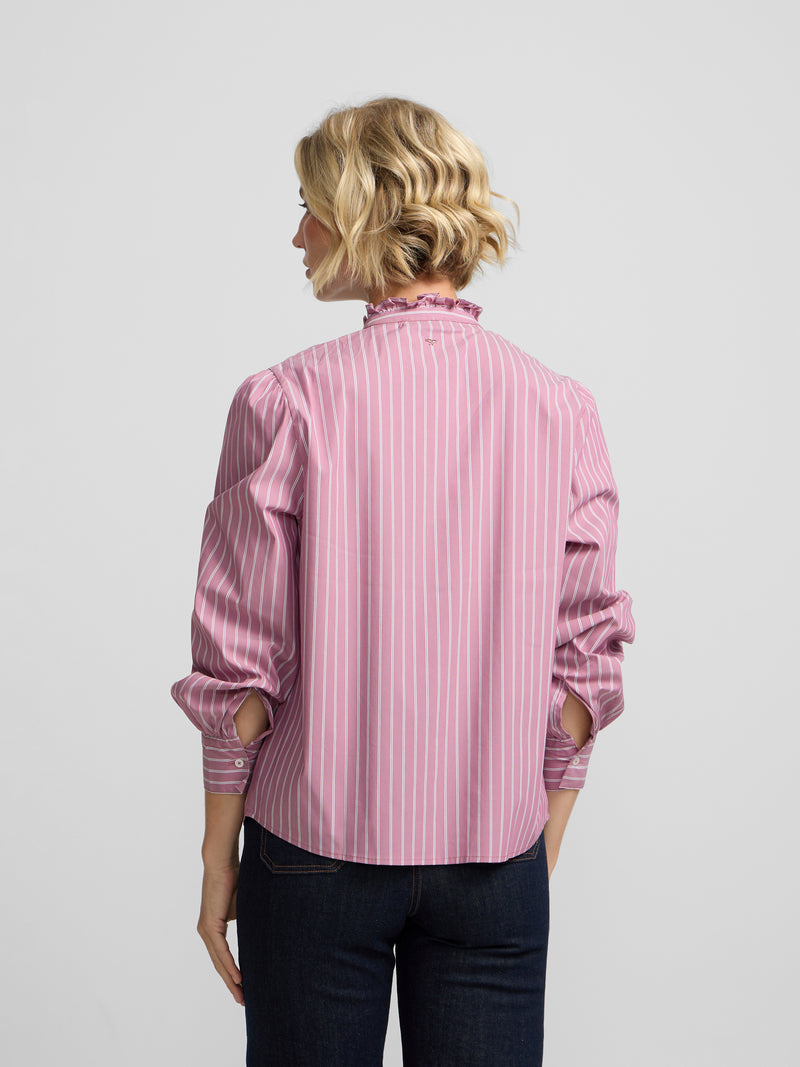 Chemise à col montant avec rubans rayée rose