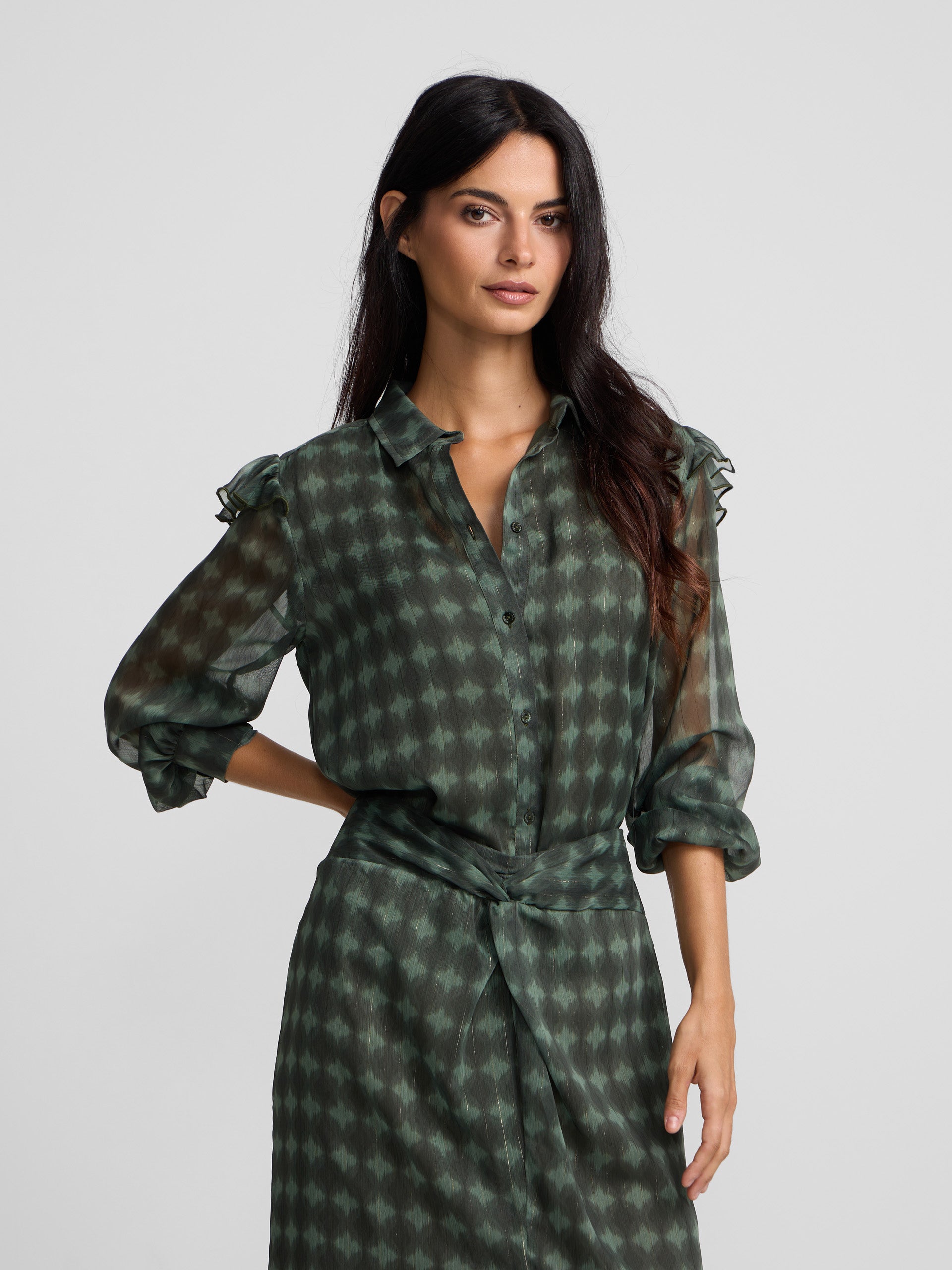 Blouse à volants imprimé ethnique vert