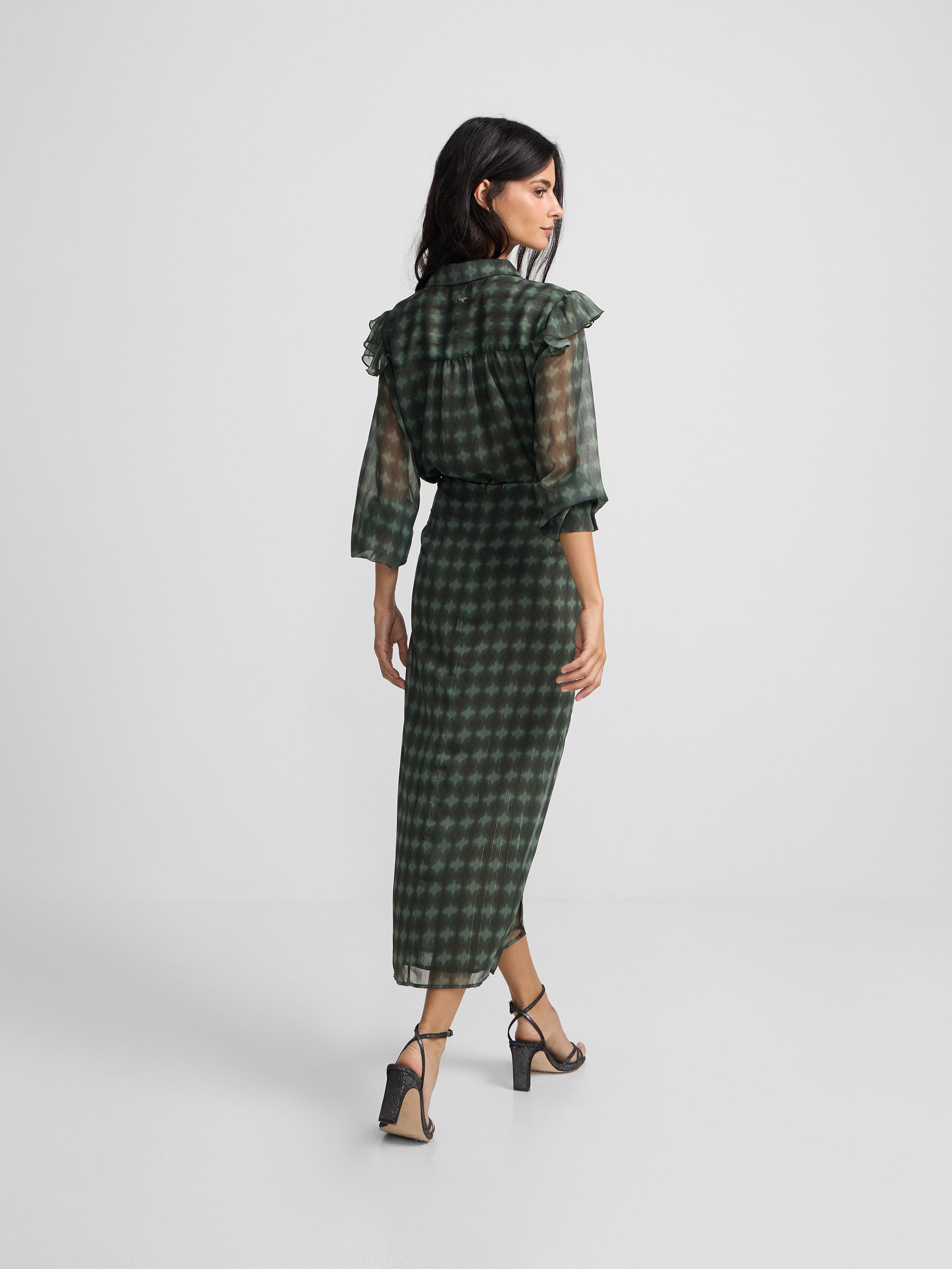 Blouse à volants imprimé ethnique vert